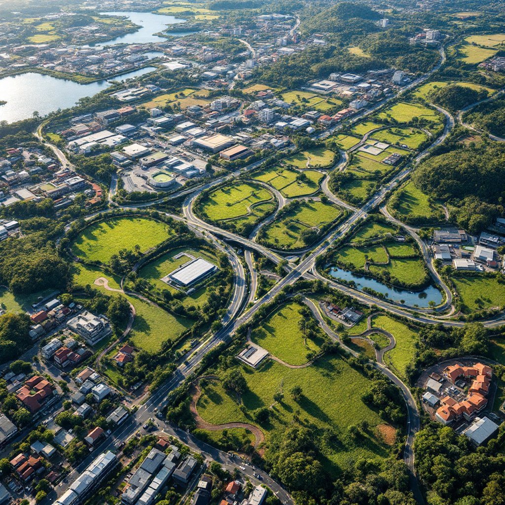 Satellite-style view of roads, IT parks and commercial land around Trivandrum