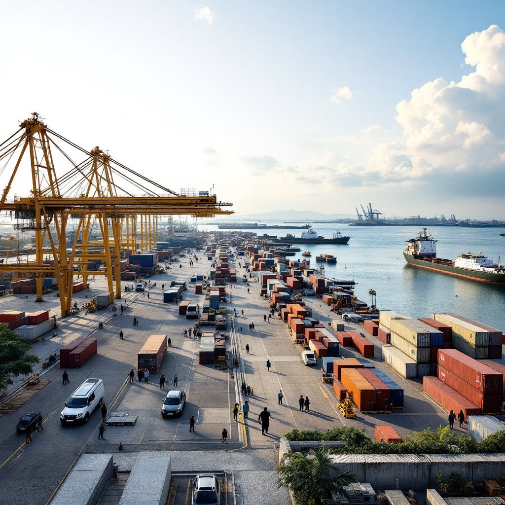 Visualization of Vizhinjam Seaport development with ships and cranes